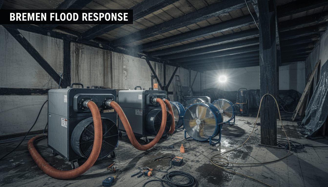 Professional water damage restoration equipment in a water-damaged room with wooden beams