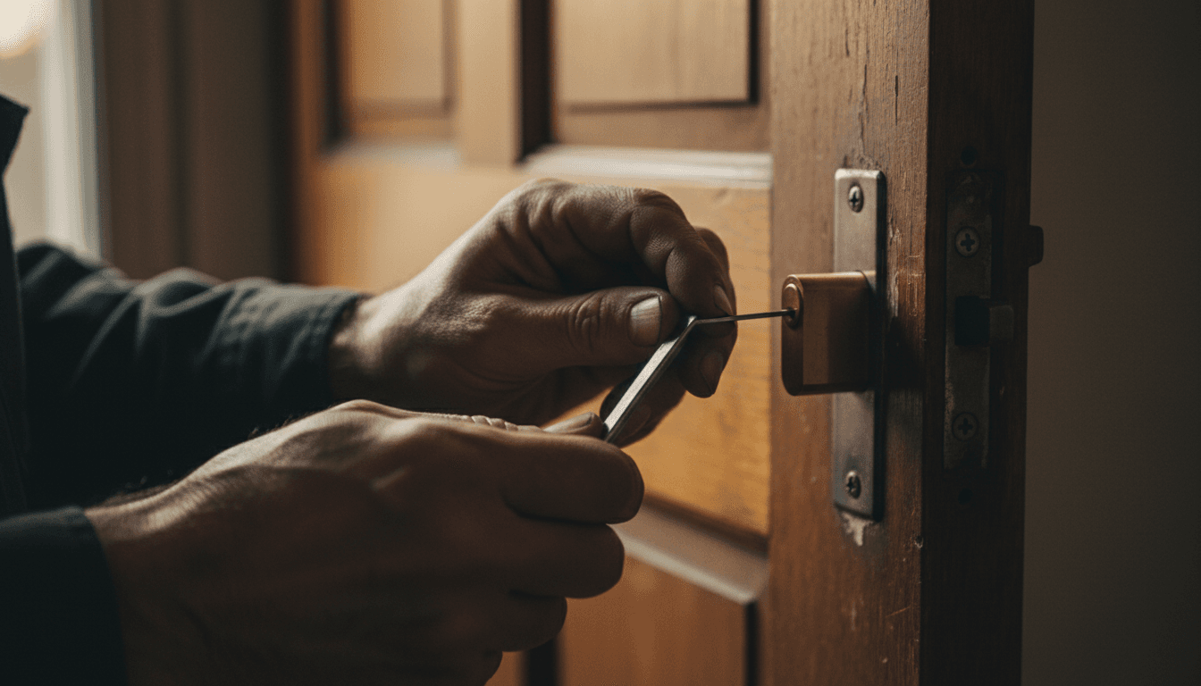 Locksmith working on a door lock with precision tools