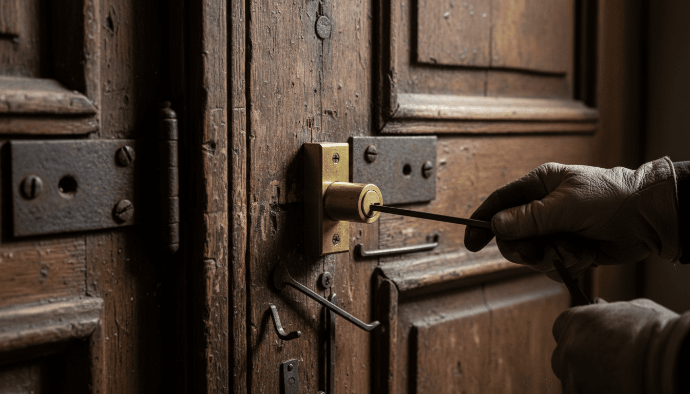 Locksmith working on a door lock with specialized tools