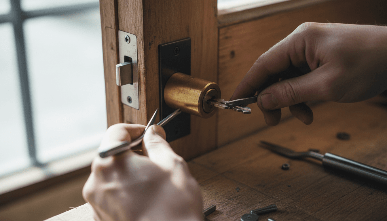 Locksmith technician working on a door lock with professional tools