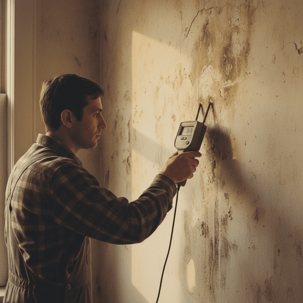 Technician measuring moisture levels on damaged wall with precision equipment