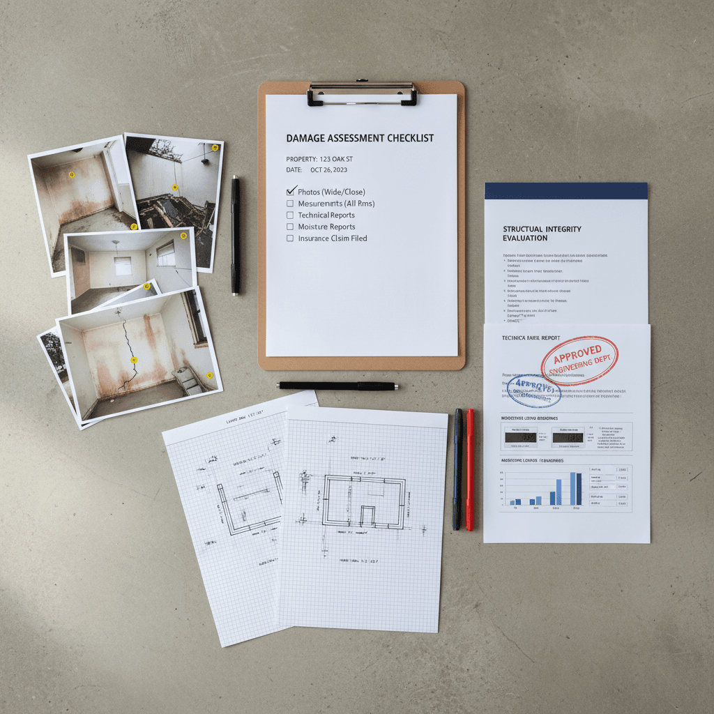 Organized water damage documentation materials for insurance claims