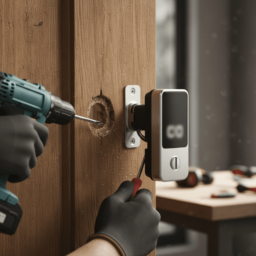Locksmith installing a new modern door lock