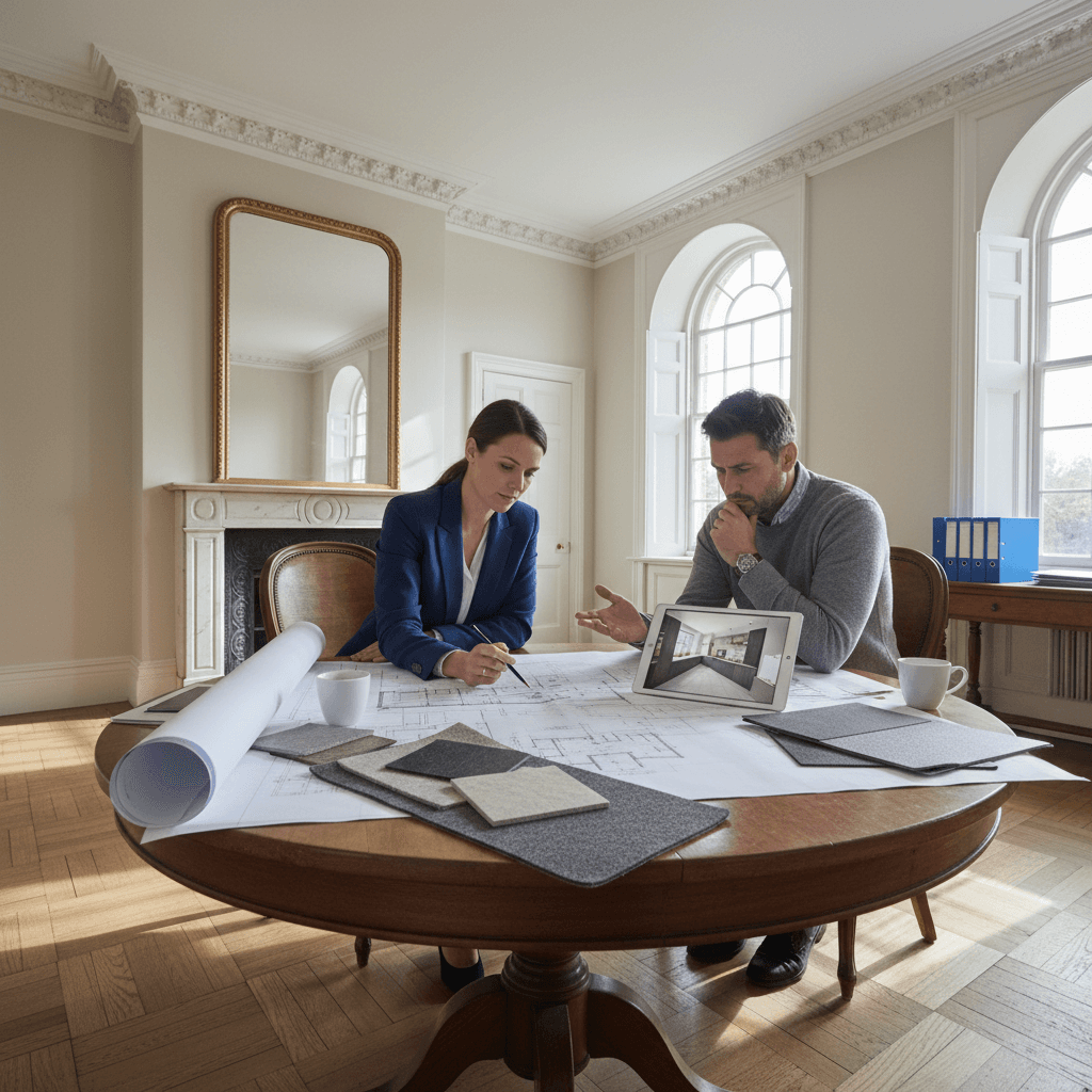 Architect and homeowner reviewing renovation plans