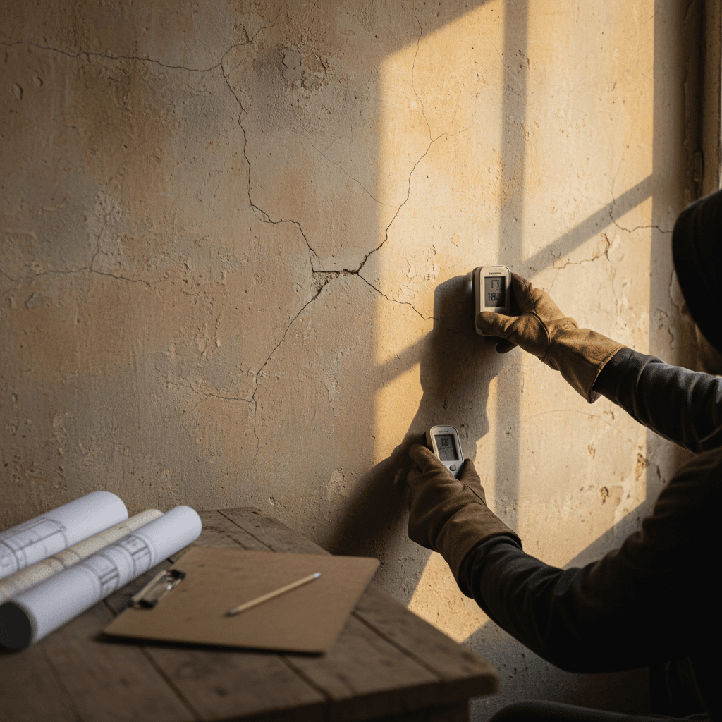 Structural assessment with moisture meter on historic wall