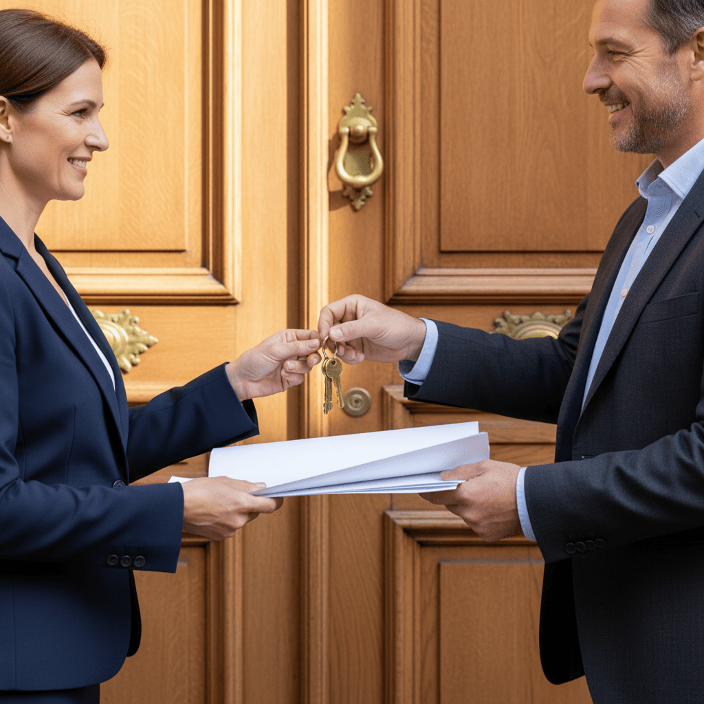 Homeowner receiving renovation documentation and keys