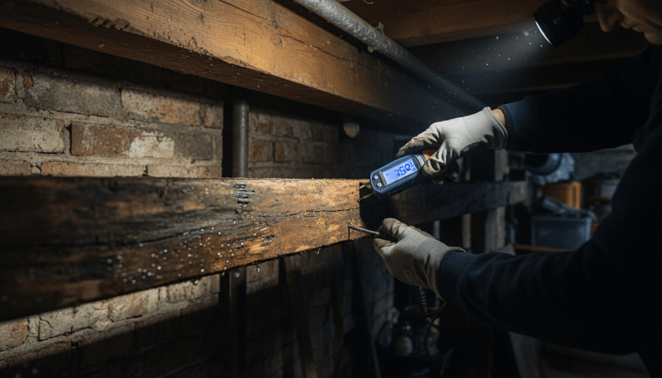 Wasserschaden-Fachmann inspiziert Wasserschäden in einem Bremer Altbau