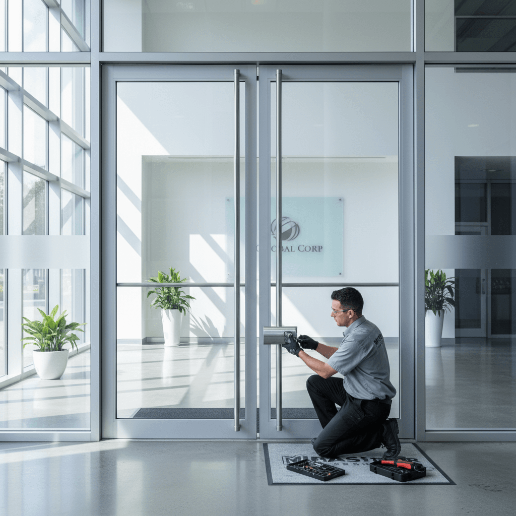 Locksmith working on commercial building entrance system