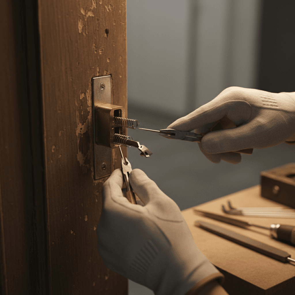 Locksmith repairing a broken lock mechanism