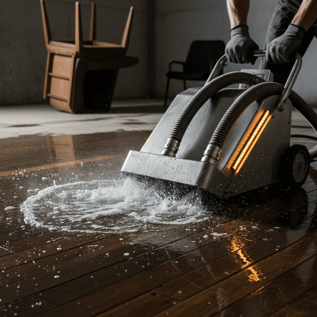 Water extraction equipment in action removing water from damaged flooring