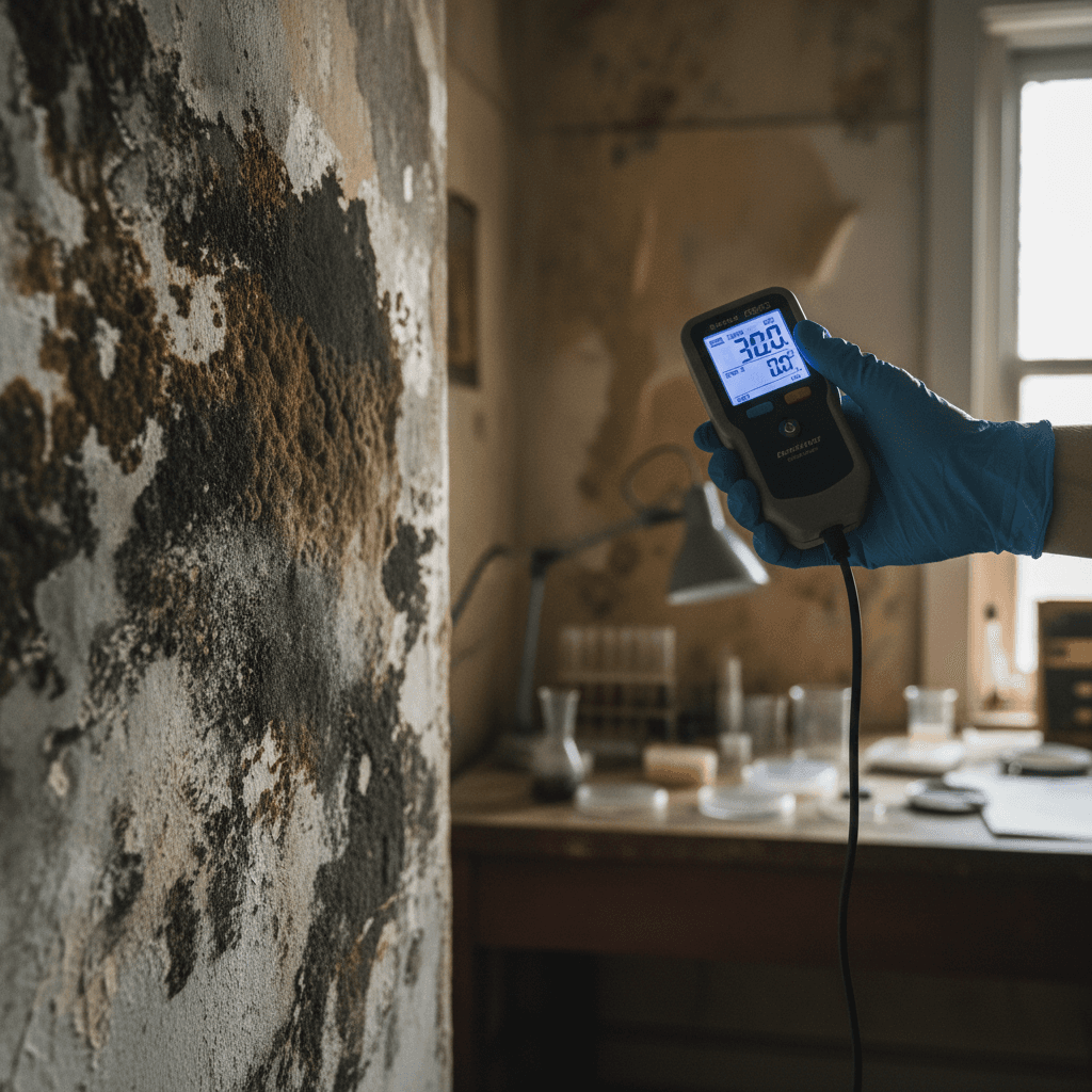 Schimmelfachmann misst Feuchtigkeitswerte für Beseitigung