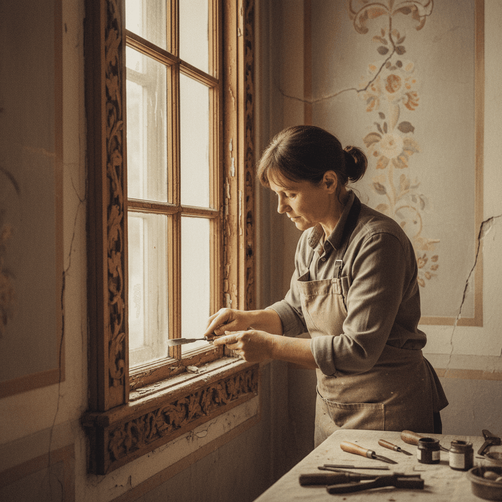 Restoration specialist working on historic window