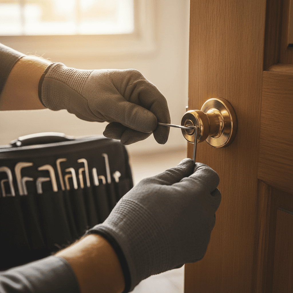 Locksmith opening a door with professional tools