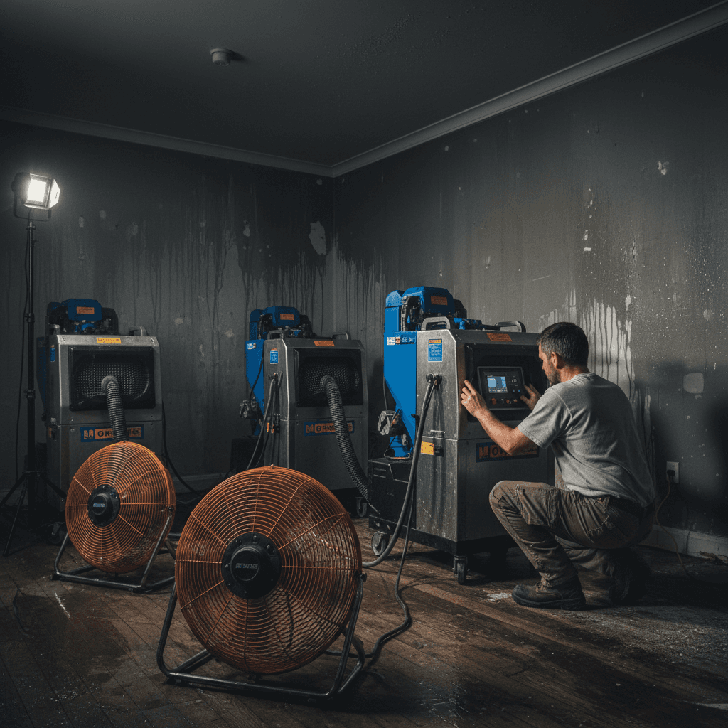 Professionelle Trocknungsgeräte in feuchtem Gebäude
