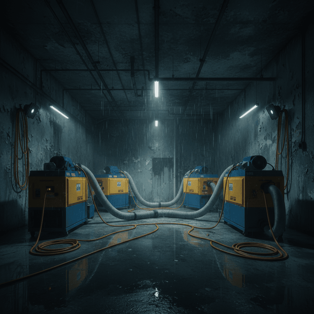 Multiple industrial drying units set up in water-damaged room