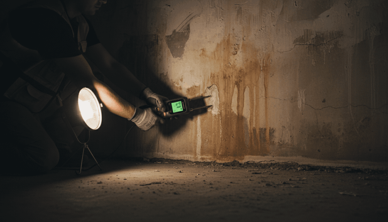 Water damage specialist using moisture detection equipment on damaged wall