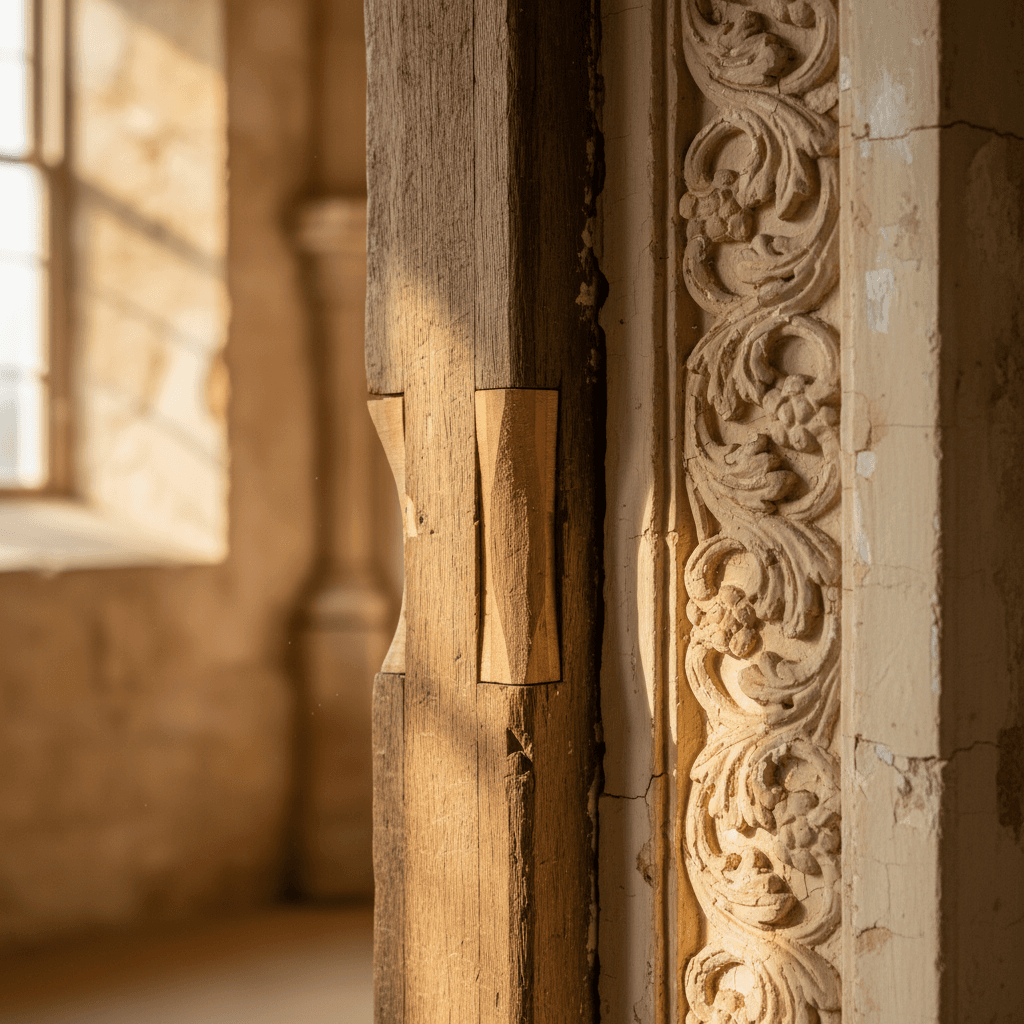 Restored historic wooden beam in carefully renovated old building