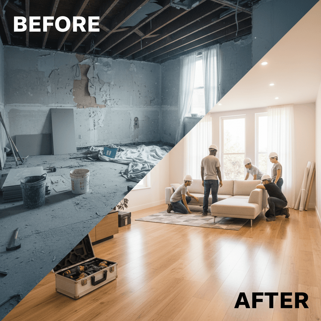 Interior space during renovation showing water damage restoration progress