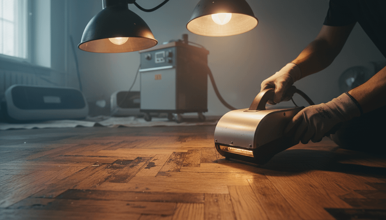 Der-Altbausanierer technician performing professional water damage restoration on historic flooring in Bremen